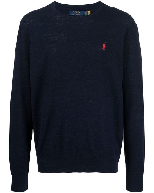 Polo Ralph Lauren Blue Cotton And Linen Blend Sweater With Embroidered Logo for men