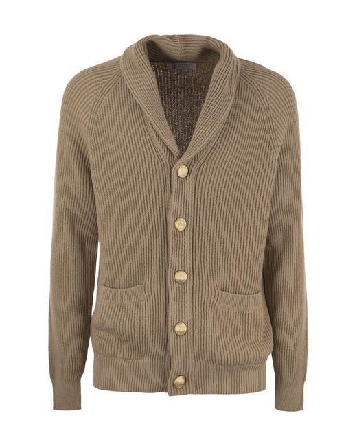 Brunello Cucinelli Brown Pure Cotton Ribbed Cardigan With Metal Button Fastening for men