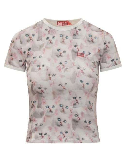 DIESEL White T-shirt With Kitten Print
