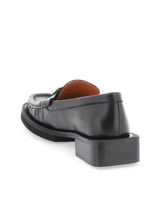 Ganni Black Rhinestone-embellished Block-heel Leather Loafers