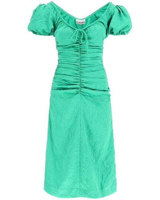 Ganni Green Crinkle Satin Midi Dress