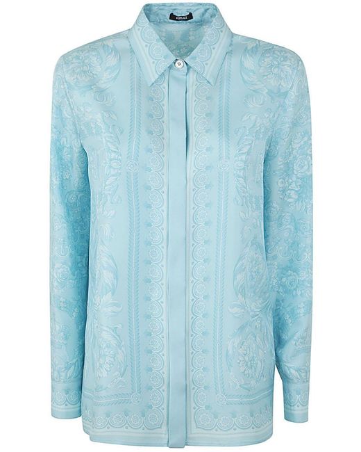Versace Blue Formal Shirt Silk Twill Fabric Baroque Print 92 Clothing
