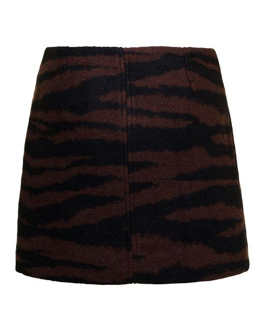 Ganni Black And Mini-Skirt With Zip And Zebra Print