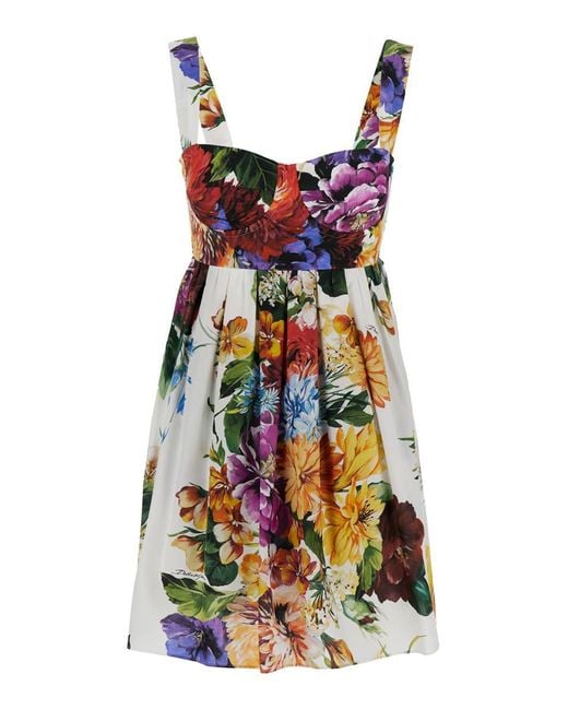 Dolce & Gabbana White Sleeveless Dress With Bustier Style Neckline And All-Over Floral Print