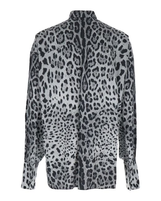 Dolce & Gabbana Gray Shirt With Leopard Print All-Over And Logo Lettering for men