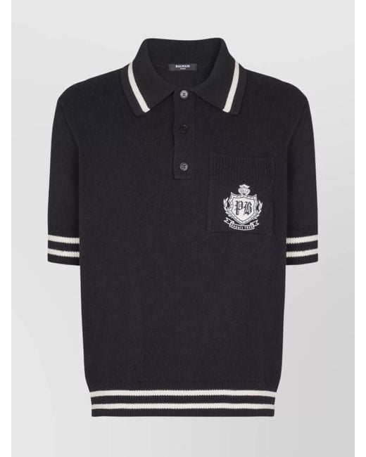 Balmain Blue Striped Collar Short Sleeve Polo Shirt for men
