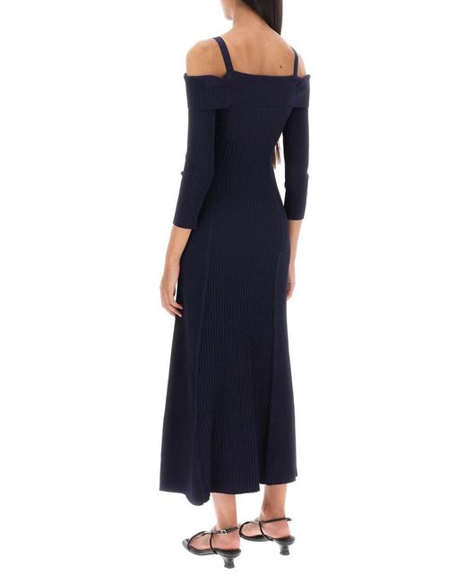 Ganni Blue Long Knitted Off-the-shoulder Dress