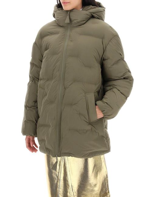 Ganni Green Midi Puffer Jacket With Detachable Hood