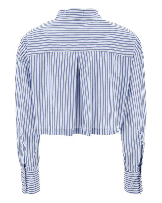 Pinko Light Blue Cropped Striped Shirt With Two Patch Pockets In Cotton Blend Woman