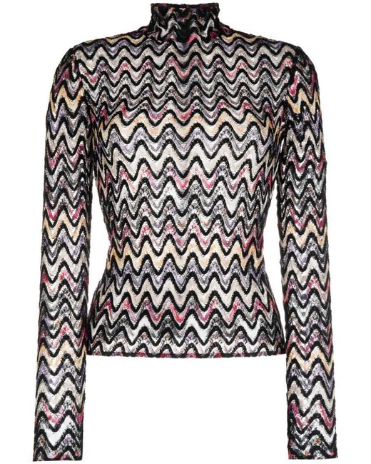 Missoni Black Zig Zag Pattern Wool Blend Turtleneck Sweater