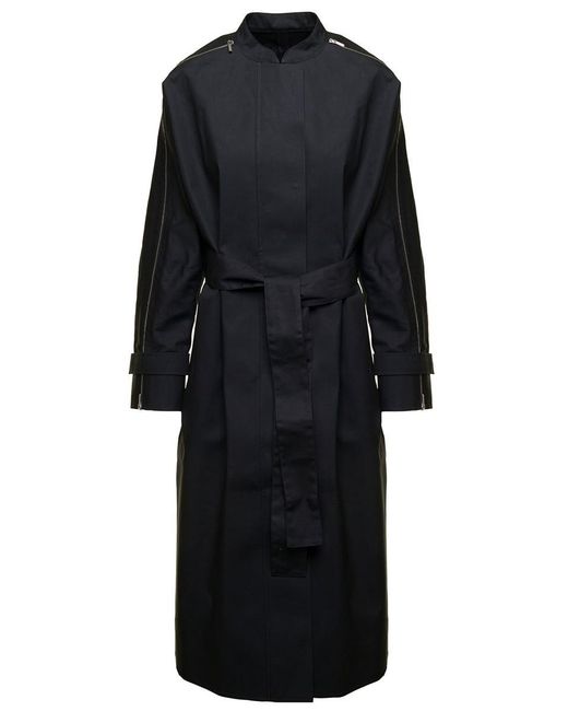 Ferragamo Black Long Blue Trench Coat With Matching Belt And Zip In Cotton Blend Woman