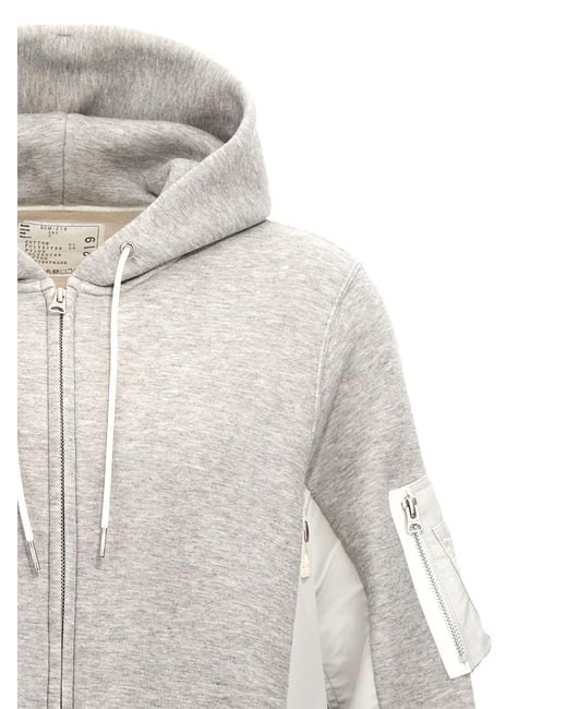 Sacai Gray Cotton-Blend Nylon-Insert Zip Hoodie for men