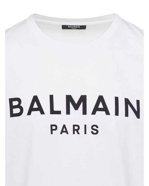 Balmain White Crewneck T-shirt With Contrasting Logo Lettering Print In Cotton Man for men