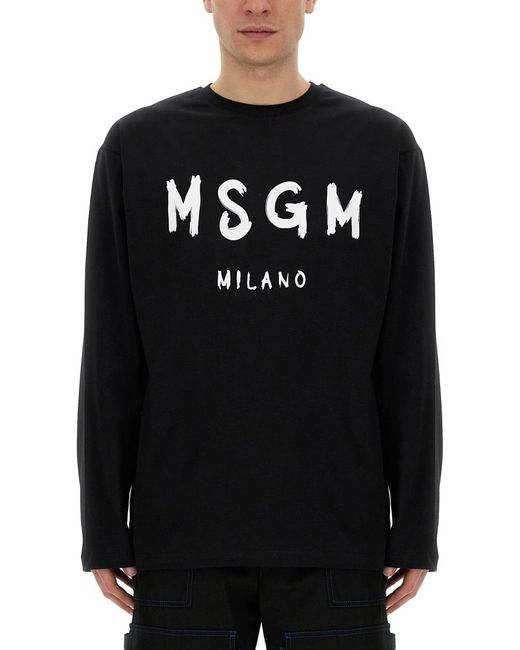 MSGM Black T-Shirt With Brushed Logo for men