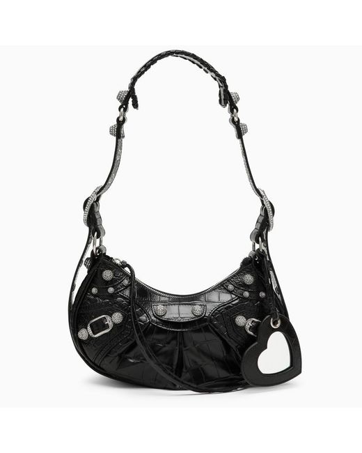 Balenciaga Black Le Cagole Xs Crocodile-Effect Mini Bag With Rhinestones