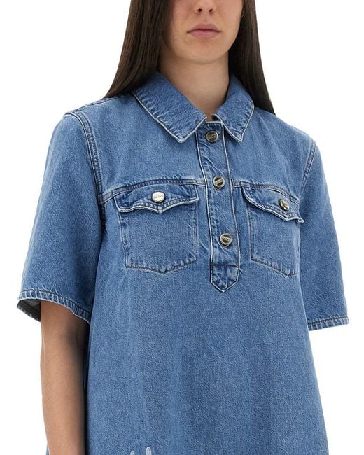 Ganni Blue Mini Dress With Sangallo Embroidery