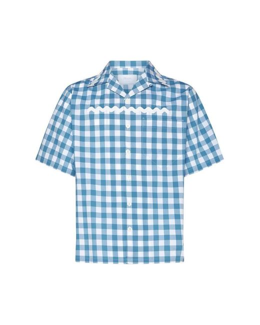 Prada Blue Gingham Print Cotton Shirt for men