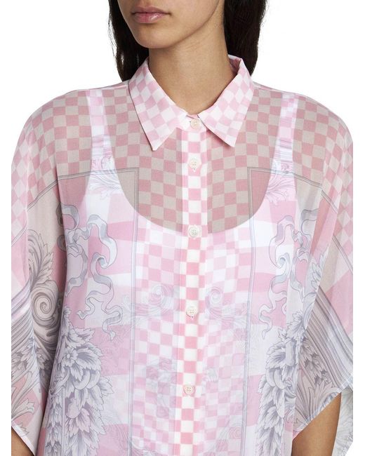 Versace Pink Shirt Dress With Barocco Check Print All-Over