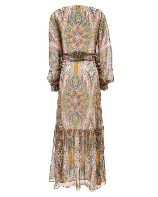 Etro Natural Maxi Dress With All-Over Print And Belt
