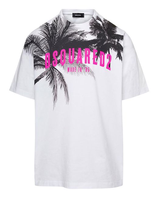 DSquared² Pink White Crewneck T-shirt With Palms Logo Print In Cotton Jersey D-squared2 for men