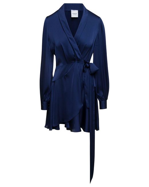 Plain Blue Mini Satin Wrap Dress With Long Sleeves