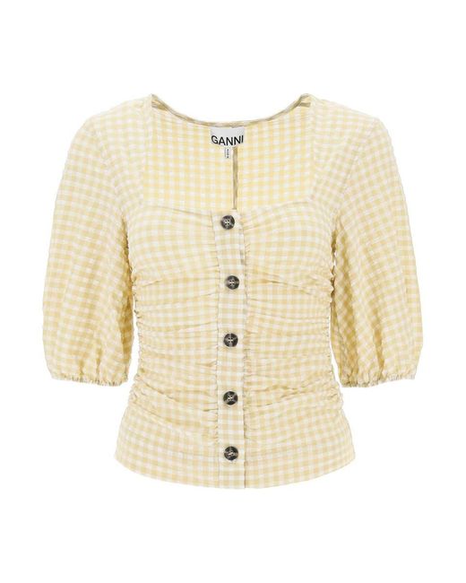Ganni Natural Gathered Blouse With Gingham Motif