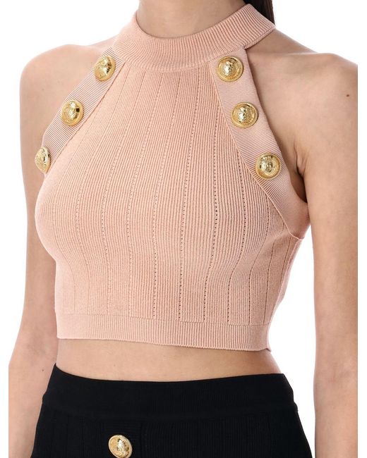 Balmain Black Cropped 6-Button Knit Halterneck Top