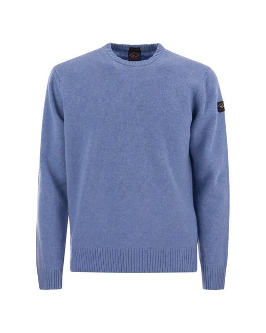 Paul & Shark Blue Wool Crew Neck With Arm Patch for men