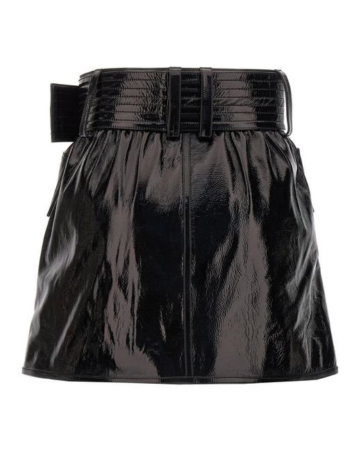 Balmain Black Belt-up Shiny Leather Skirt Skirts