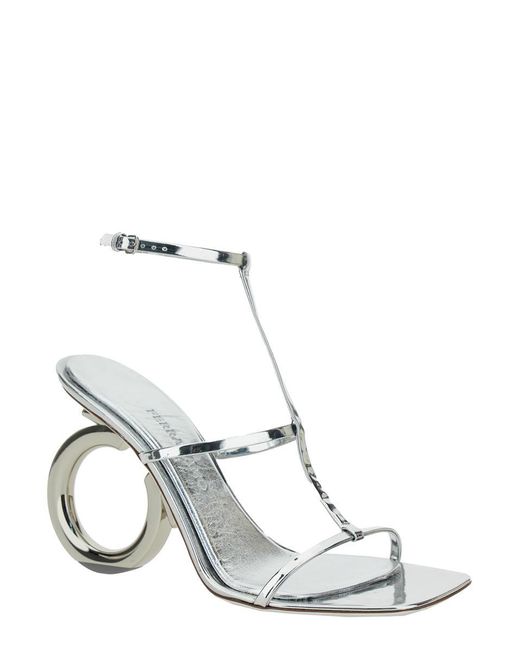 Ferragamo Metallic 'elina' Silver Sandals With Sculptural Heel In Leather Woman