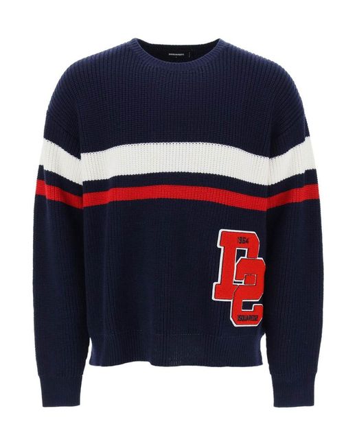 DSquared² Blue Wool Sweater With Varsity Patch for men