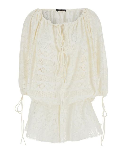 ANDAMANE White 'Wilma' Jumpsuit With Long Balloon Sleeves And All-Over Embroidery