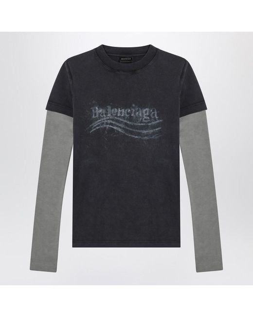 Balenciaga Black Washed T-Shirt With Double Sleeves “Washed Crayon Political”