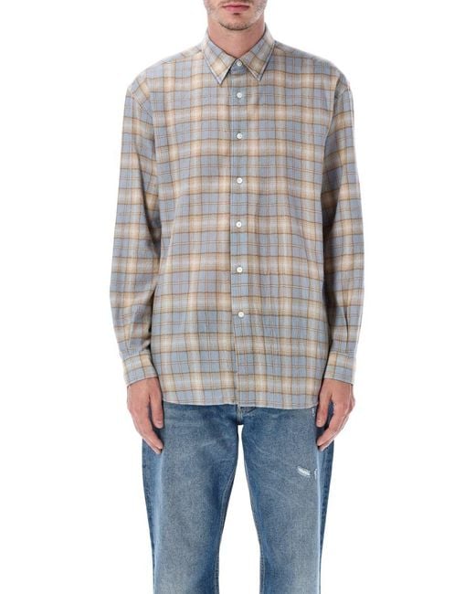 Auralee Blue Airy Wool Check Relaxed-fit Shirt for men
