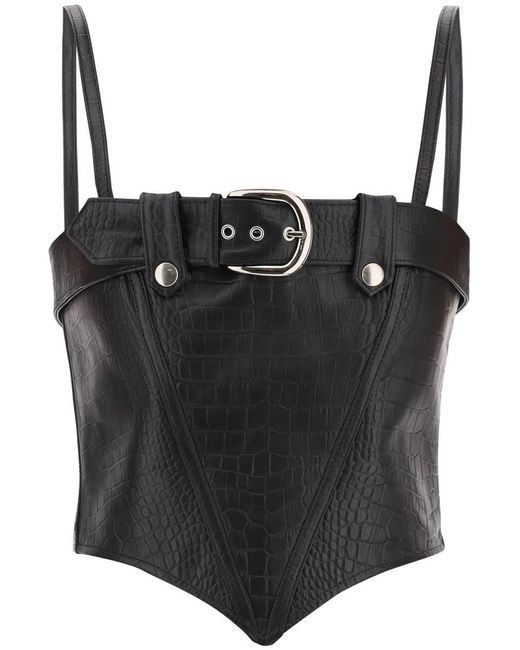 Alessandra Rich Black Croco-print Leather Bustier Top
