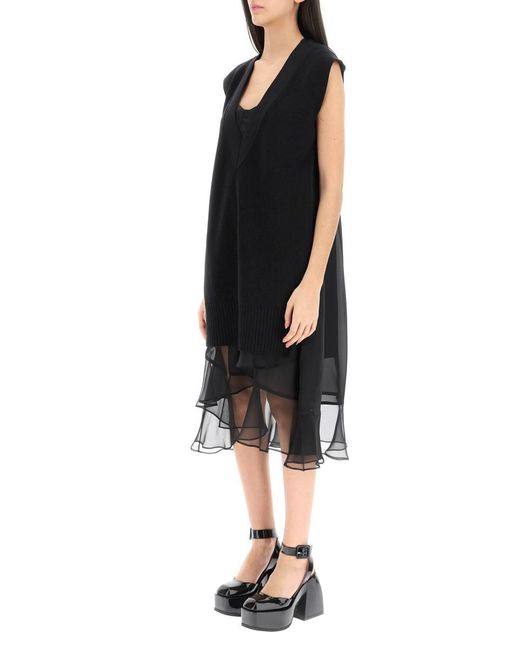 Sacai Black Midi Dress With Knitted Panel