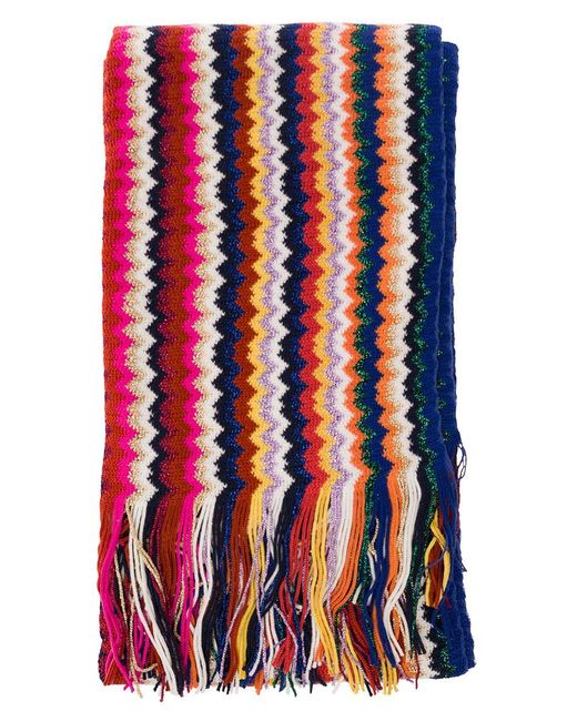 Missoni Red Multicolor Scarf With Zigzag Motif And Fringed Hem In Wool Blend Woman