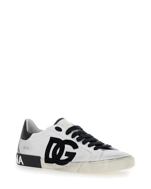 Dolce & Gabbana White 'Portofino' And Low Top Sneakers With Logo Patch And Used Effect for men