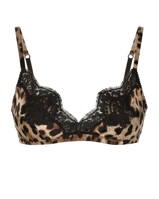 Dolce & Gabbana Black Leopard-Print Soft-Cup Satin Bra With Lace Detailing