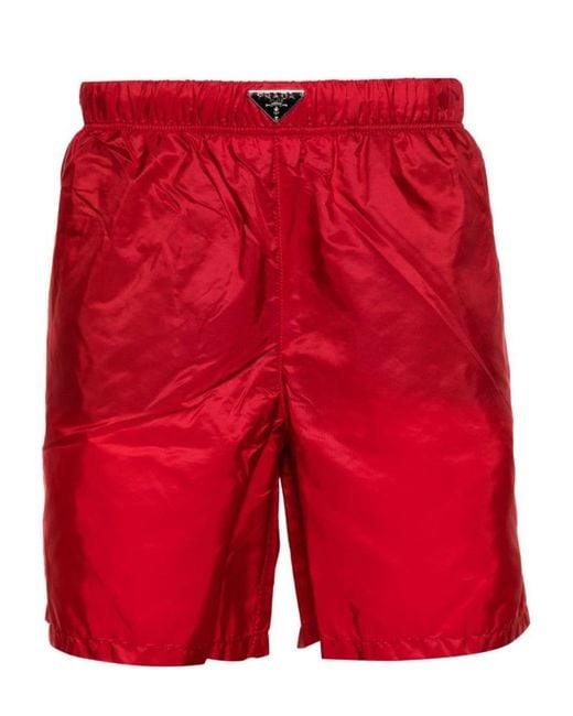 Prada Red Enamel-logo Swim Shorts for men