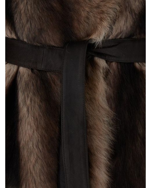 Yves Salomon Brown Shearling Coat With High Neck And Front Belt Closure