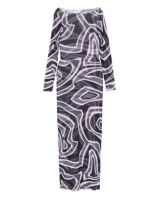 Emilio Pucci White Abstract-Print Long-Sleeved Tulle Maxi Dress