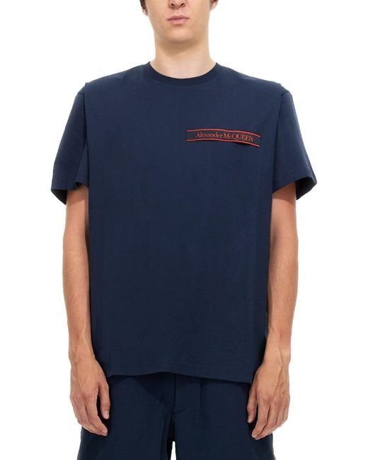 Alexander McQueen T-shirt With Selvedge Logo Band in Blue for Men | Lyst