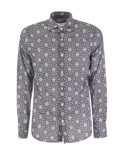 Fedeli Gray Printed Stretch Cotton Voile Shirt for men