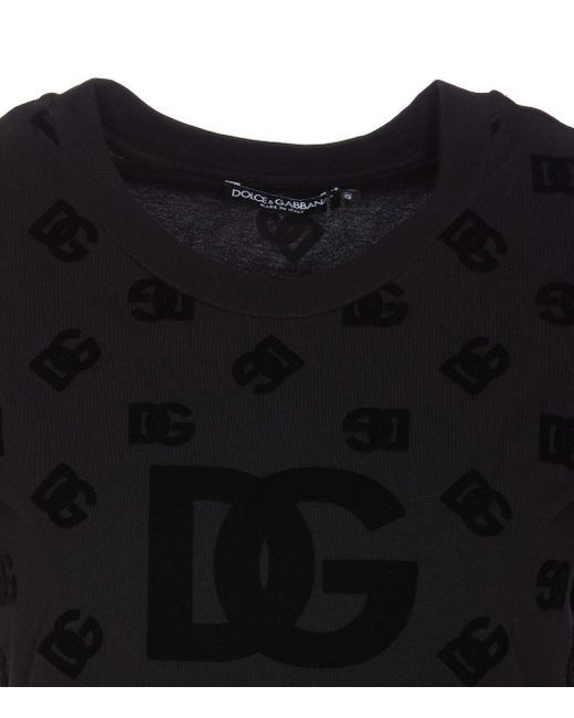 Dolce & Gabbana Black Jersey T-Shirt With All-Over Flocked Dg Logo