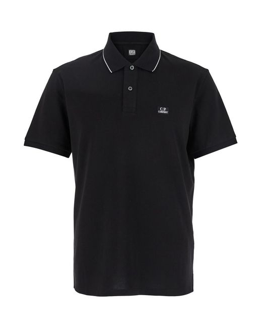 C P Company Black Polo Shirt With Classic Collar With Contrsting Detail And Logo Patch On The Front for men