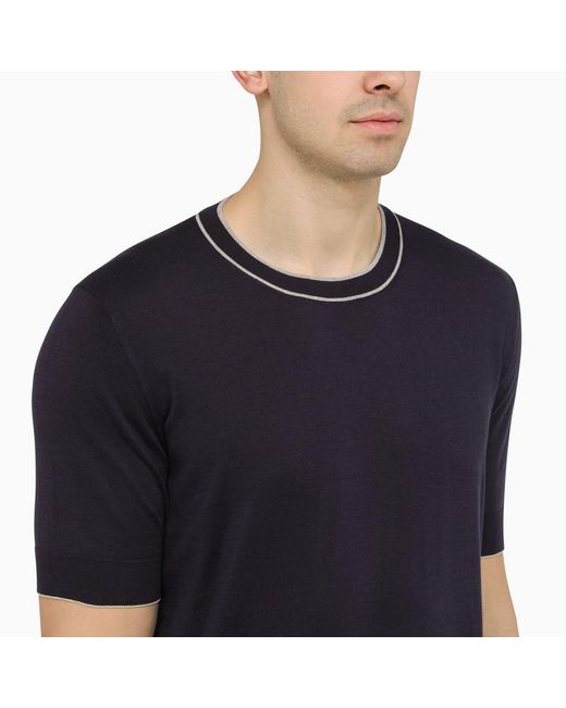 Brunello Cucinelli Black Navy Blue Short Sleeves Sweater In Cotton for men