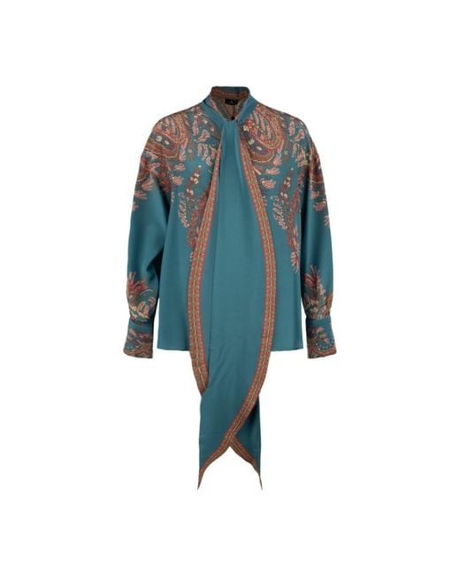 Etro Blue Silk Blouse With Placed Print