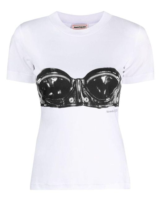 Alexander McQueen White Bustier Print Cotton T-shirt