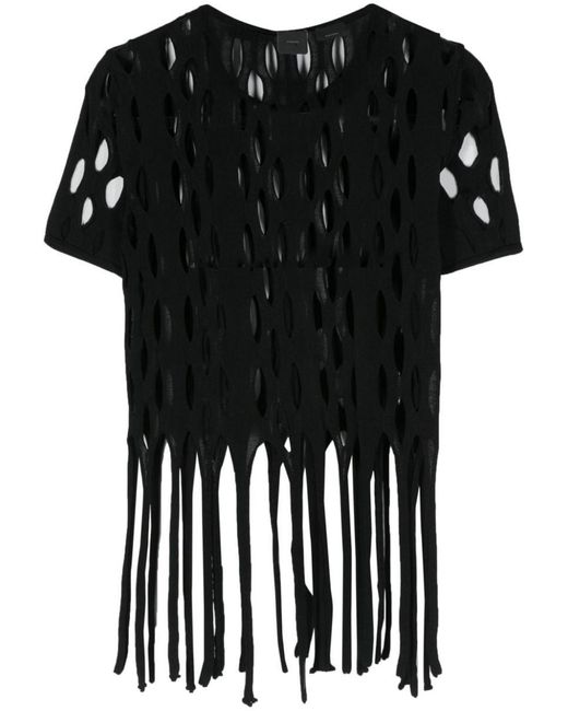 Pinko Black Perforated Viscose Top With Fringes